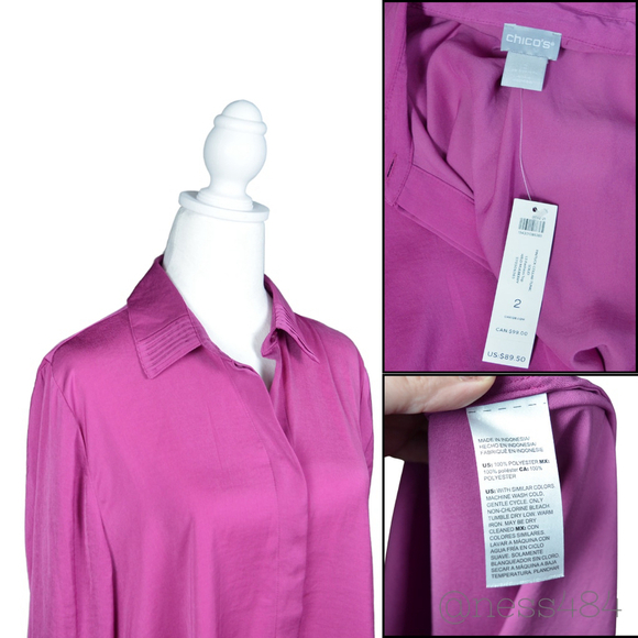 Women's NWT Chico's Fuchsia Long Sleeve Tunic Blouse, Size 2 (12/14) - Picture 3 of 3